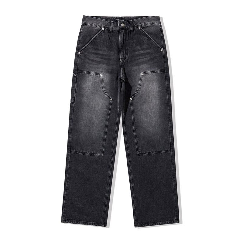 STRAIGHT DOUBLE KNEE WASHED DENIM PANTS BLACK
