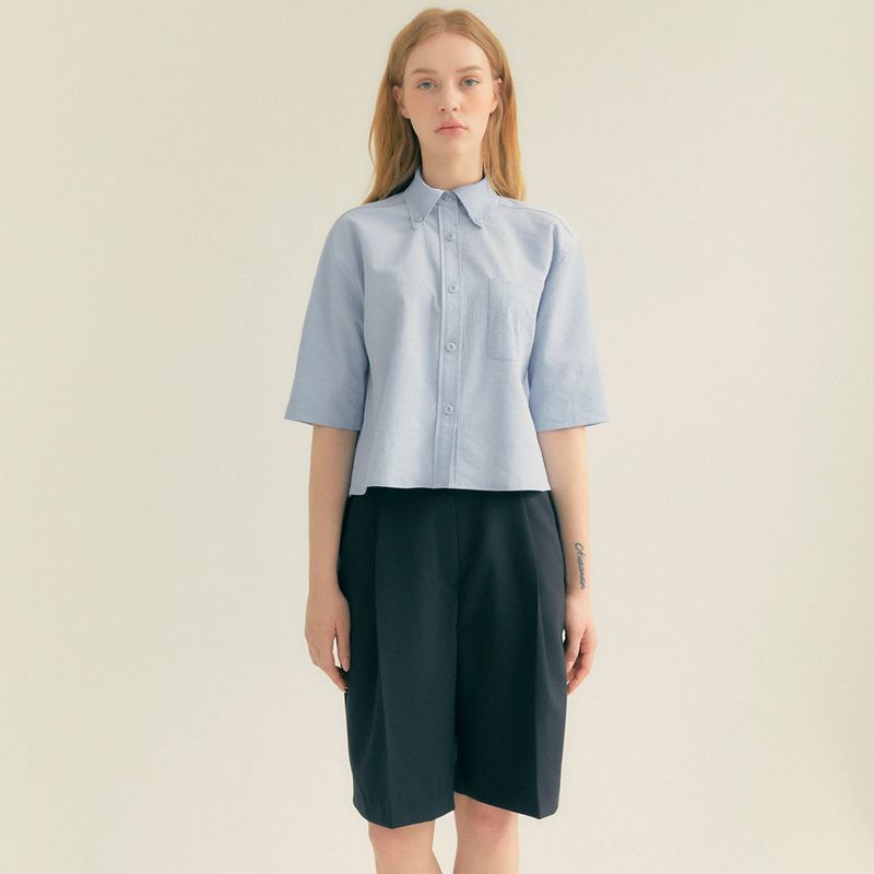 Stripe Wrinkle Pocket Crop Shirt (Light blue)