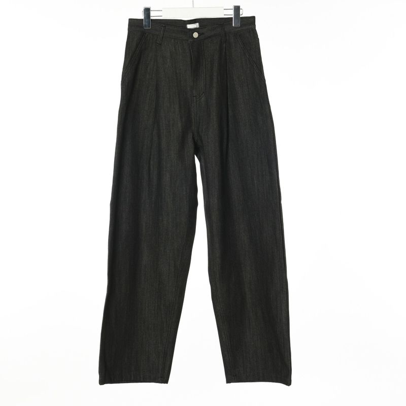Long wide raw denim one-tuck pants