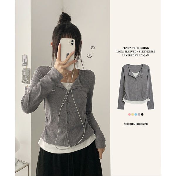 hijjoo（ハイチュー）の「Ribbed Pendant Shirring Layered Cardigan Long Sleeve Tee（Tops）」