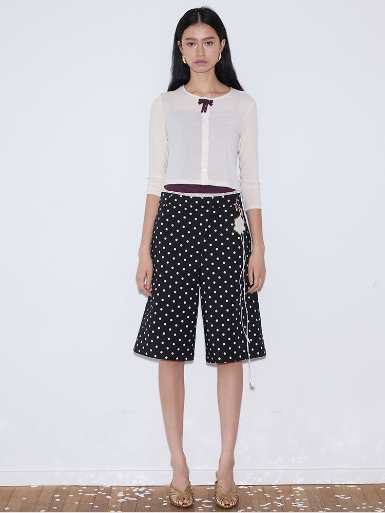 rirri 25 Spring/Summer Collection - カジュアルブラック&ホワイトポルカドットクロップドパンツ (高密度コットン100%)