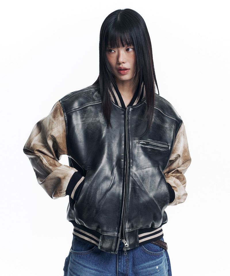 Dirty Washed Leather Varsity Jacket - Black