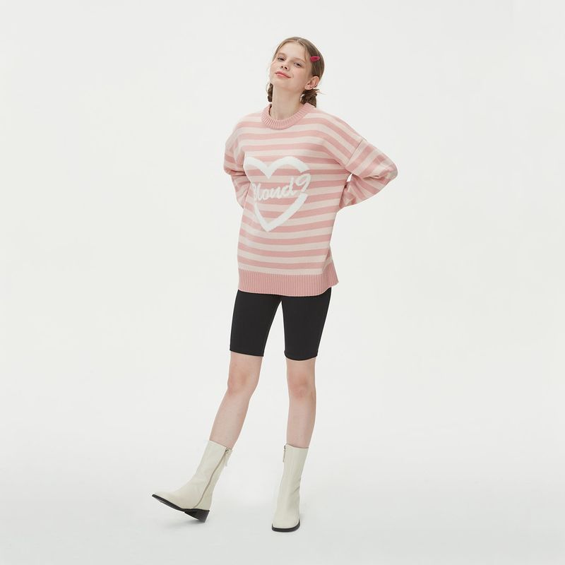 STRIPE HEART ROUND NECK KNIT_PINK