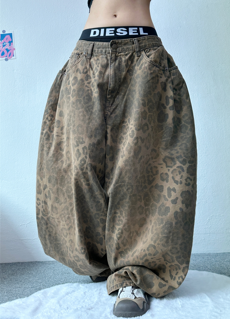 HIDDEN POCKET LEOPARD SPOT BALLOON DENIM🤎💚 - 2 COLORS