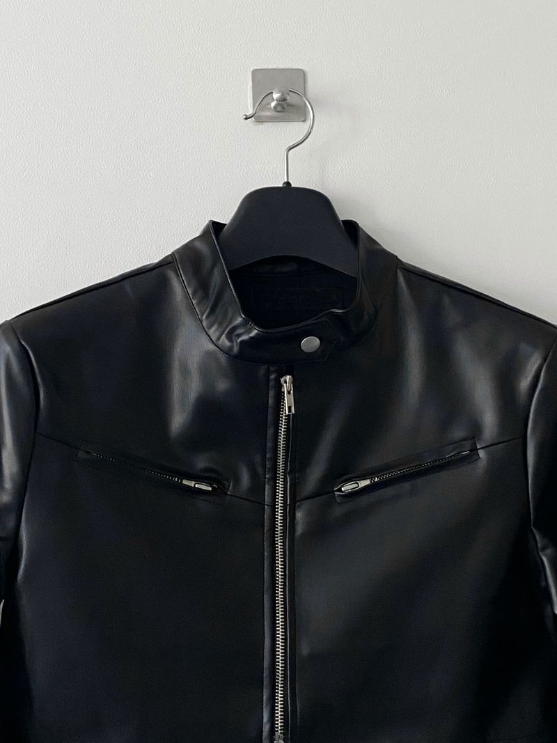 Block crop leather jacket