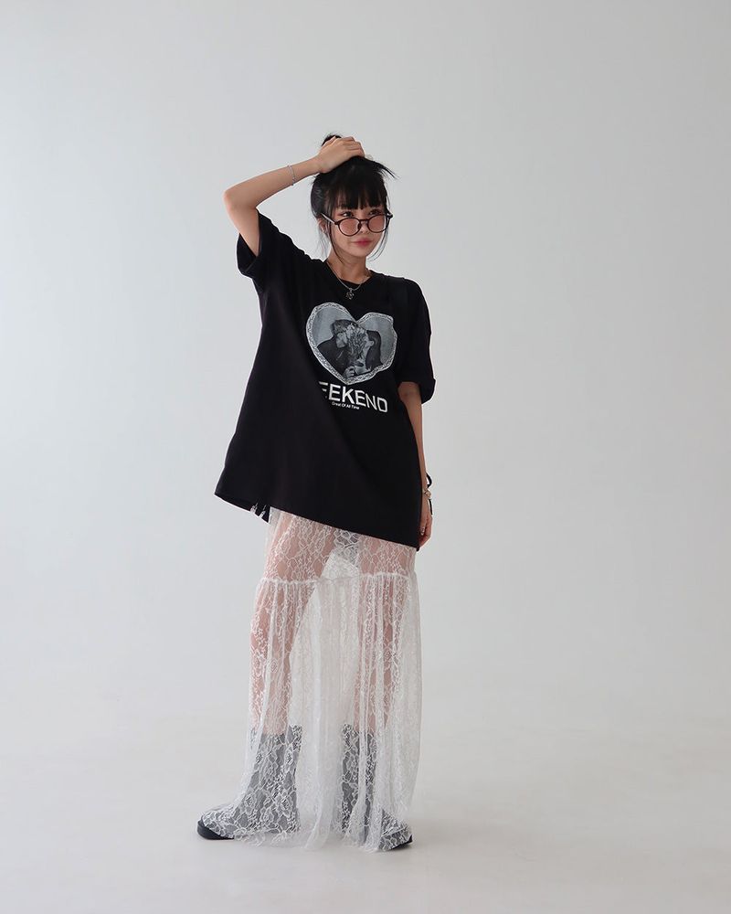 lace see-through flare layered maxi long skirt
