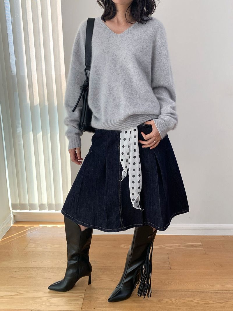 Dark blue raw cotton flared pleats midi skirt