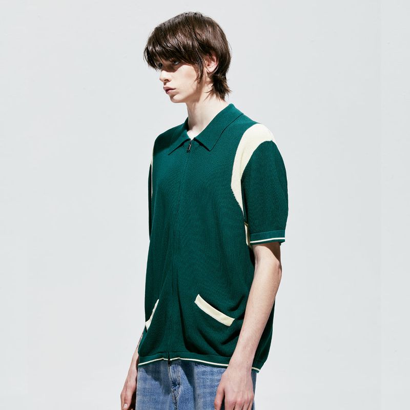 varsity half knit zip-up green