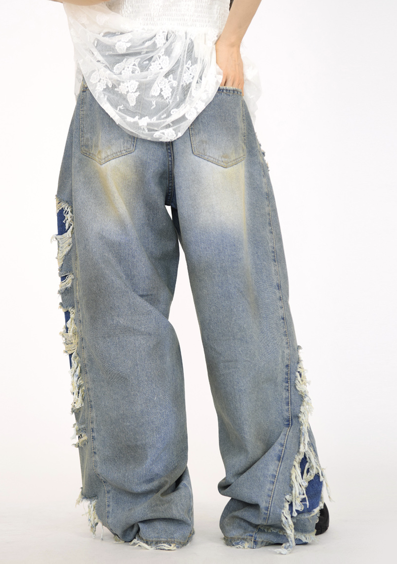 side dirty wide denim pants