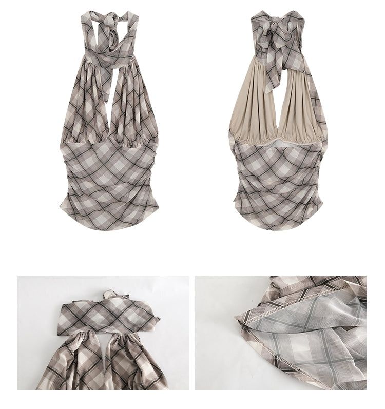 chiffon checkered halter neck sleeveless blouse top