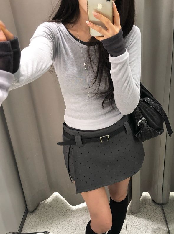 Oen Dot Slit Belt Mini Skirt