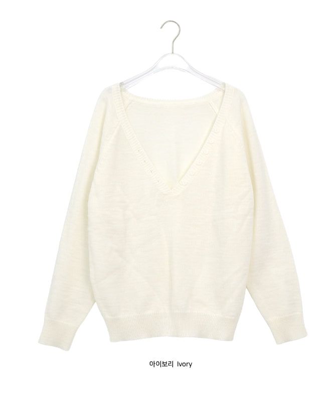 Bastin Loose-Fit Button Deep V-Neck Knit