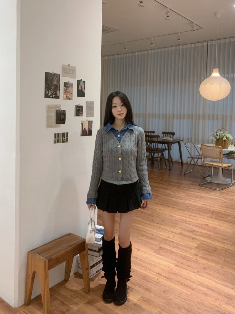 Perry Denim-Layer Cable Knit Long Sleeve Cardigan