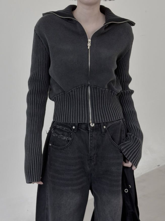 Hard high-neck washed knit zip-up