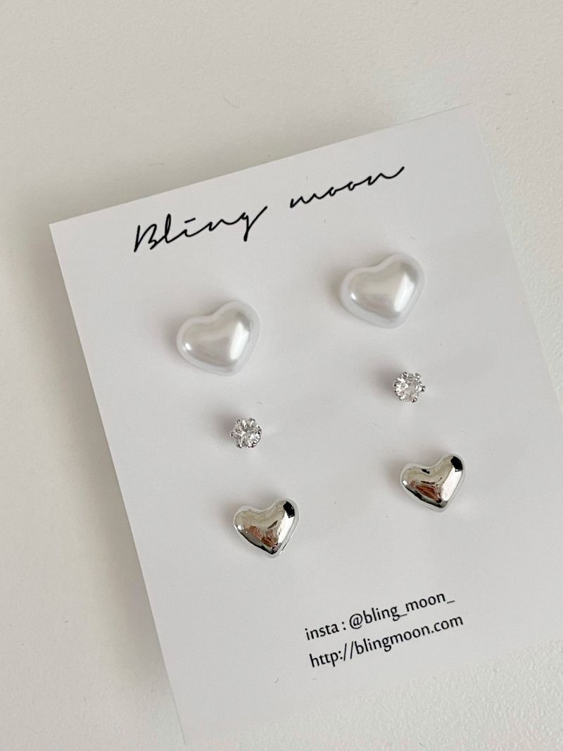 [3 set] wedding pearl heart earrings set