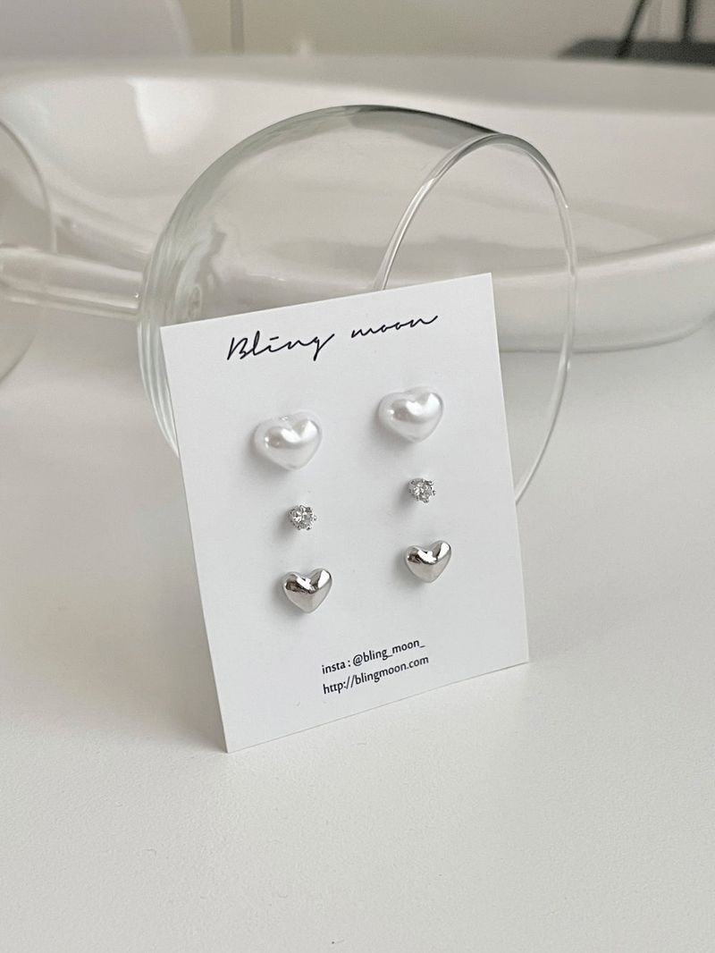 [3 set] wedding pearl heart earrings set