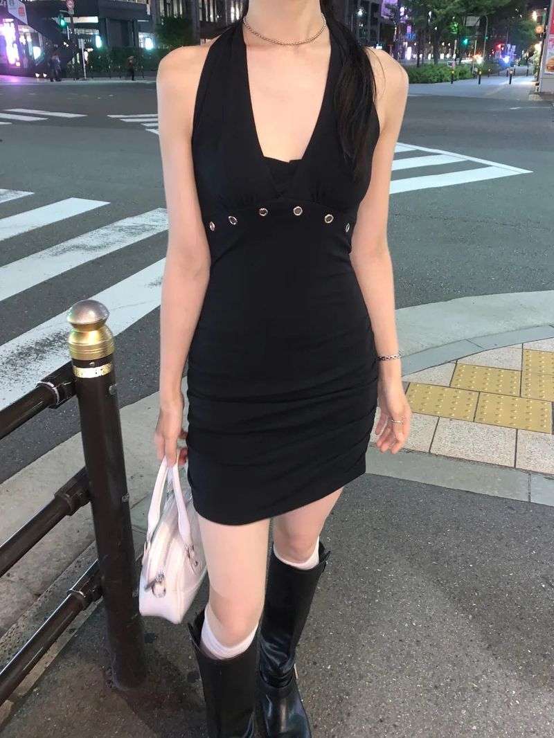 After Eyelet Halter Shirring Mini Dress 