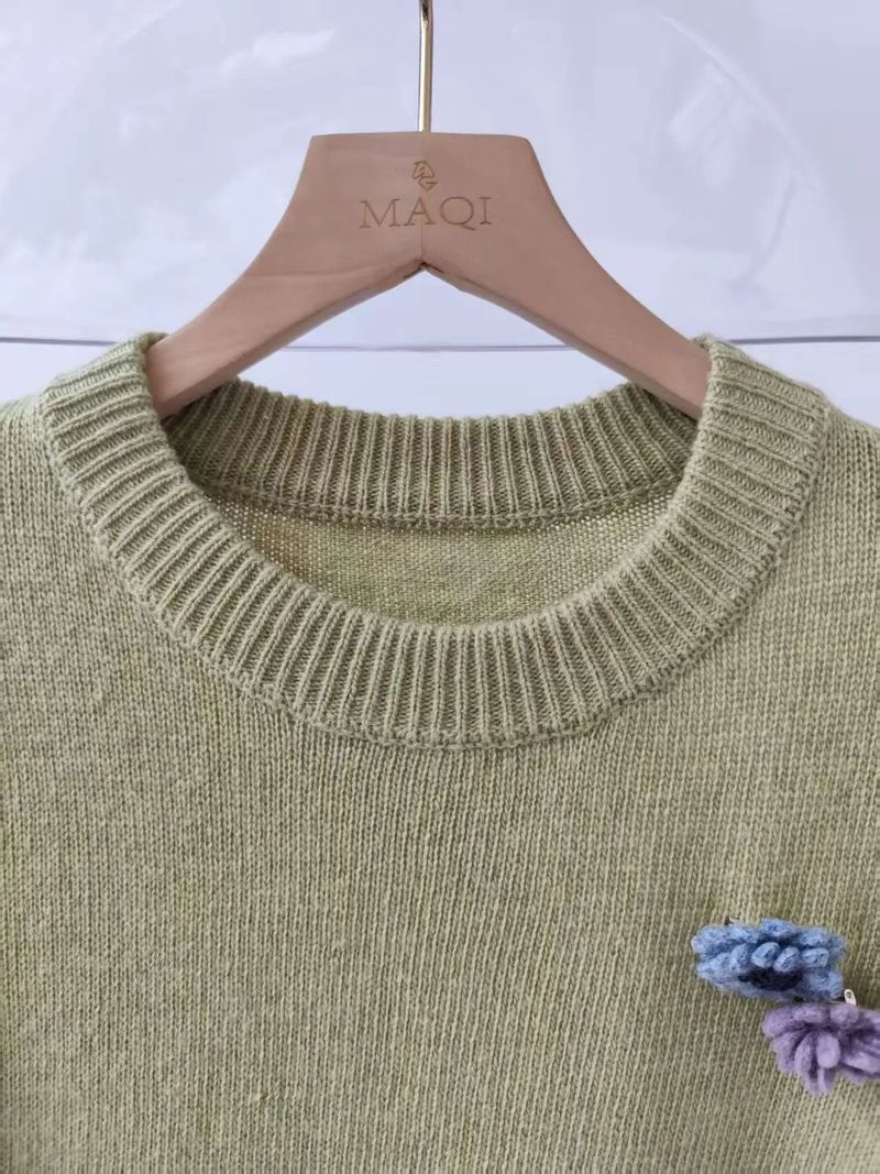 [1+1 Special] Tours Flower Decor Round Neck Wool Short Sleeve Knit