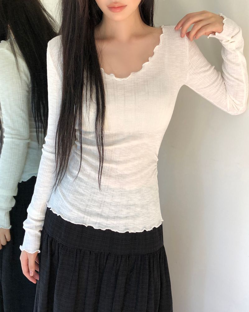 シャレル フリル Vネック ロングスリーブ Tシャツ