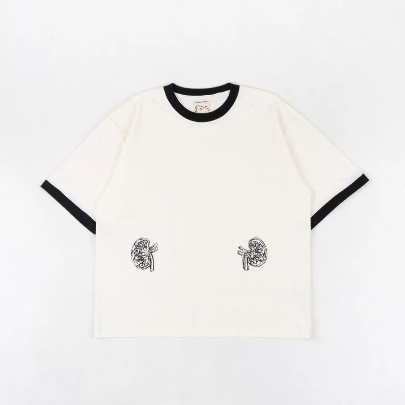 Peanut Stain（ピーナッツ ステイン）の「PEANUT STAIN - Internal conflict kidney ringer ivory boxy oversized tshirt（Tops）」