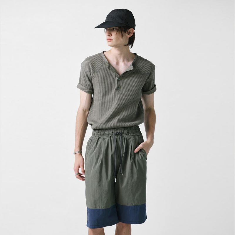 color block banding half nylon pants khaki