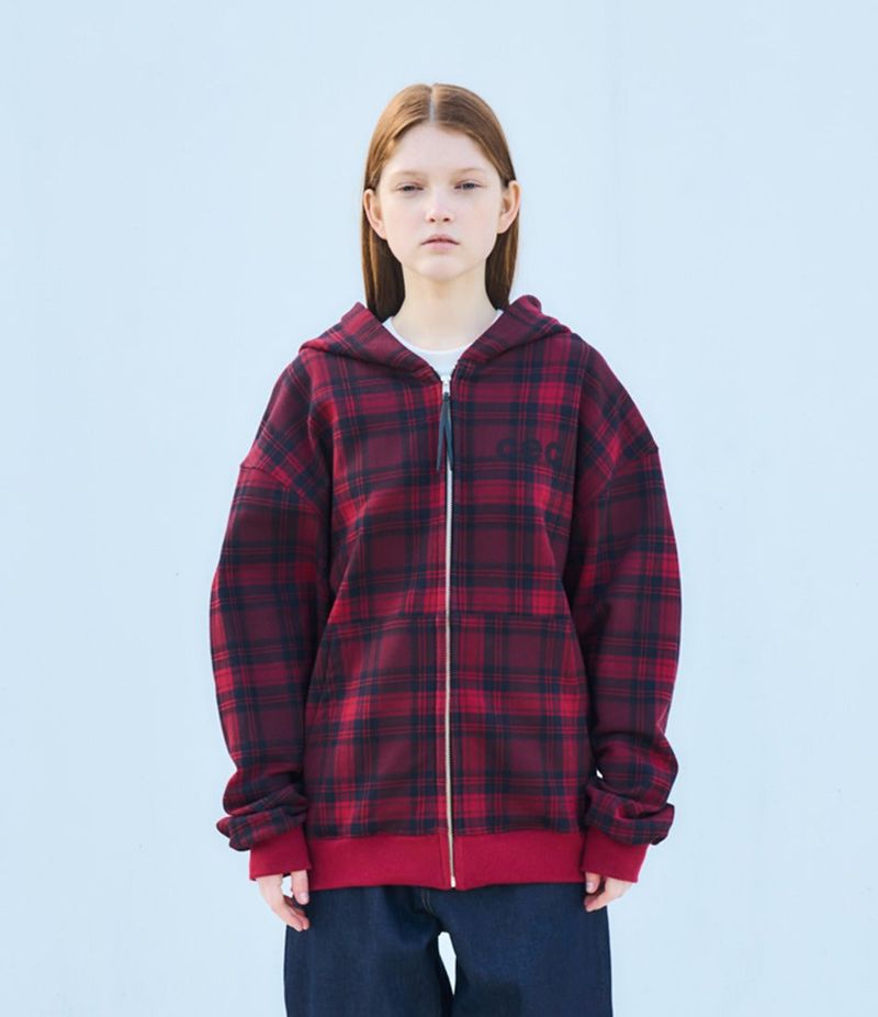 CHANCECHANCE（チャンスチャンス）の「 CEC CHECK ZIP-UP HOODIE(RED)（Tops）」
