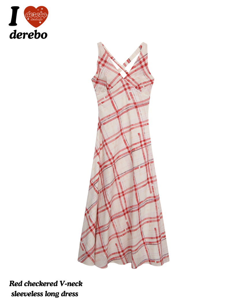 dereborujo（ドレボルゾー）の「Red checkered V-neck sleeveless long dress（Dresses）」