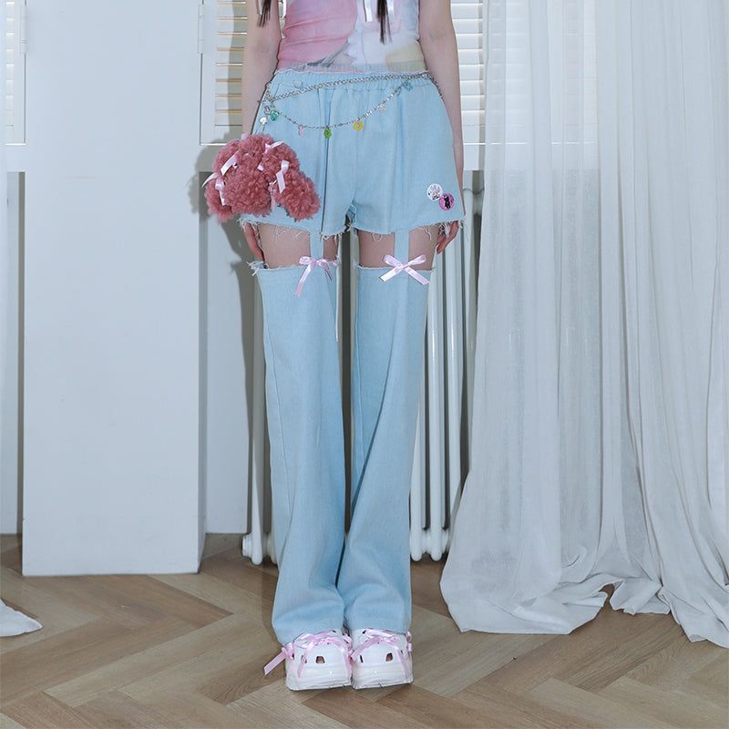 1 1 denim cut out pants - LIGHT BLUE