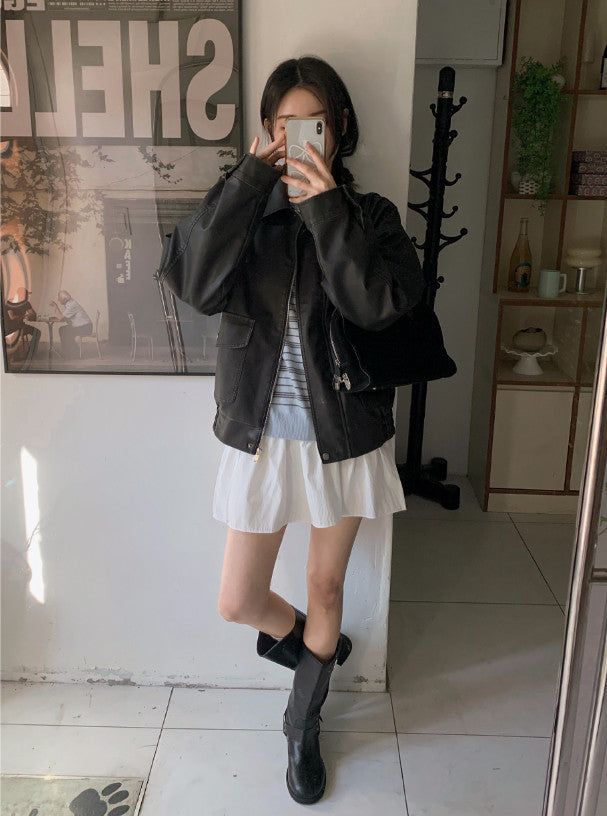 #Big Pocket Collar Loose Leather Jacket