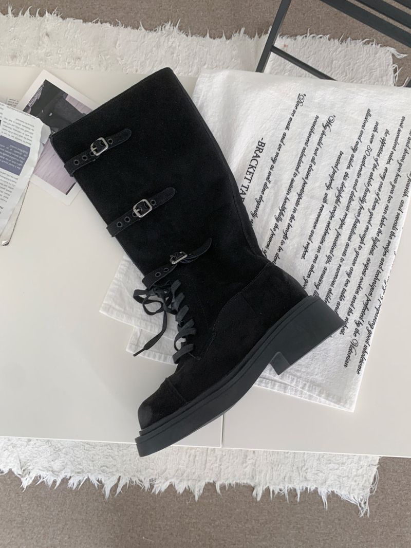 Kelvo Triple Buckle Belt Lace-Up Suede Oversole Long Boots (2 Colors)