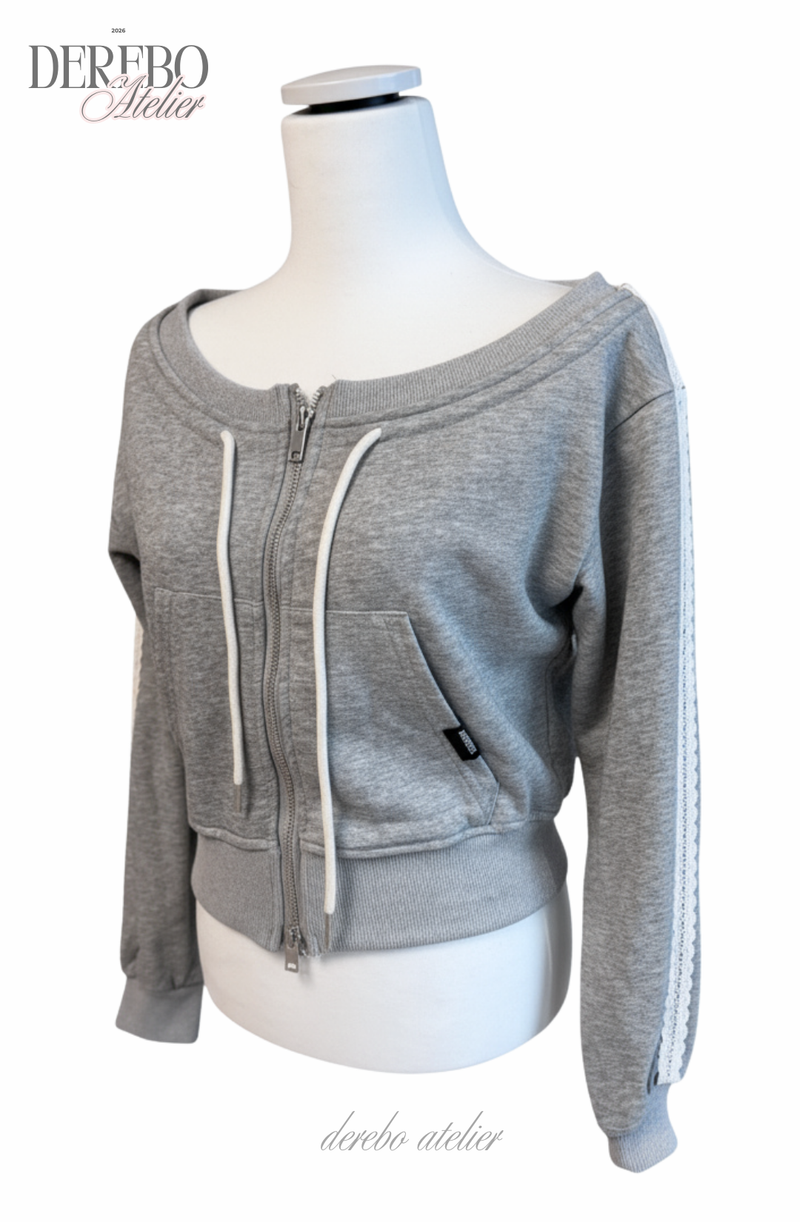 Grey off-shoulder zip-up frill training setup (SET)