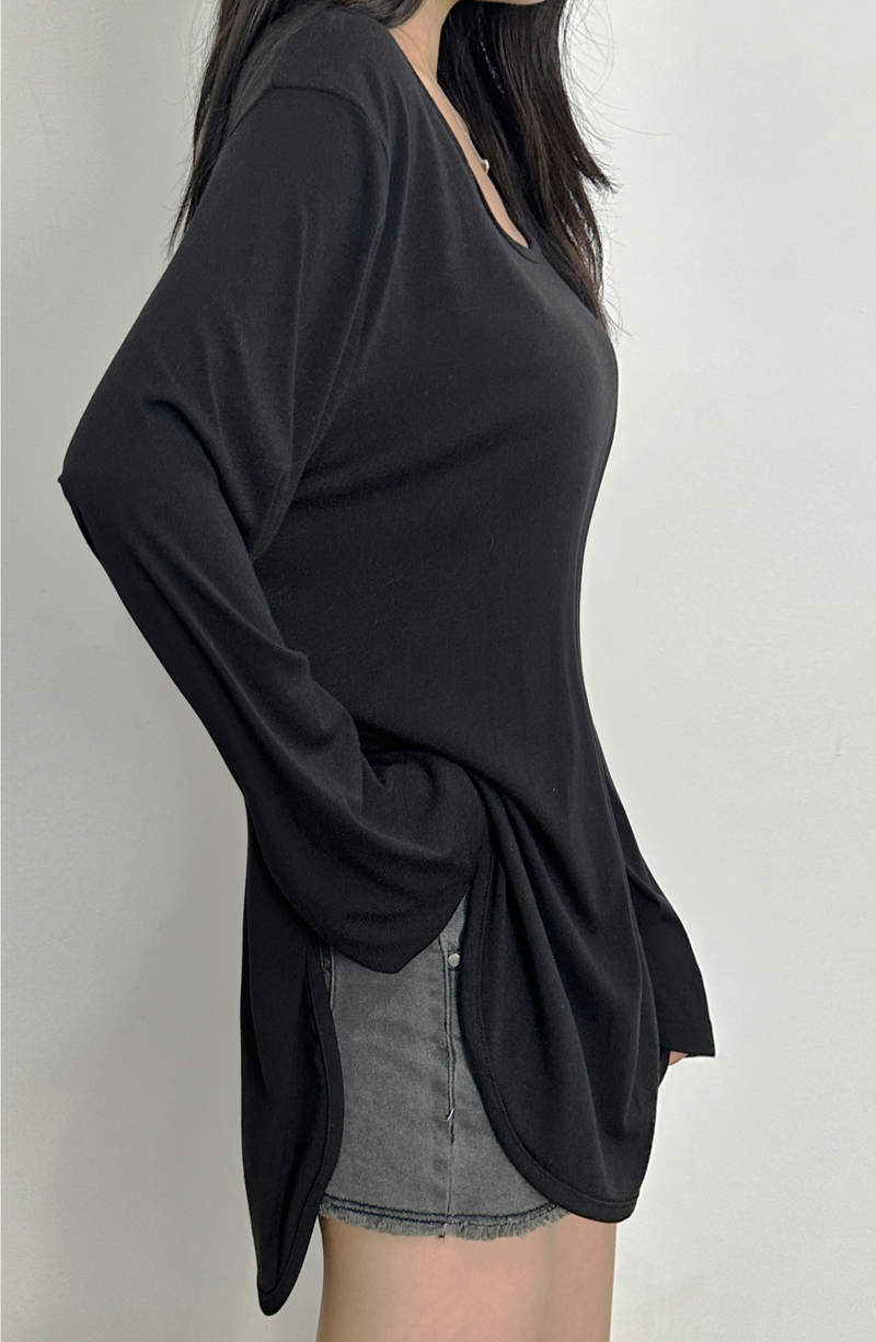 (BASIC ITEM♥/BEST VALUE♥) 3 COLORS STRETCH LIP U-NECK SLEEK LOOSE-FIT BASIC INNER LAYERED LONG-SLEEVE TEE