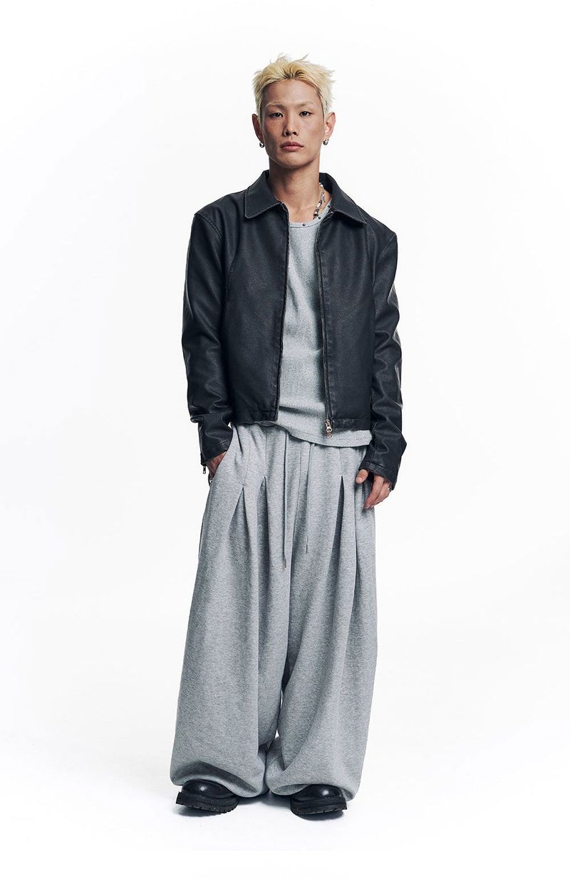 Washed Leather Crop Jacket - Black