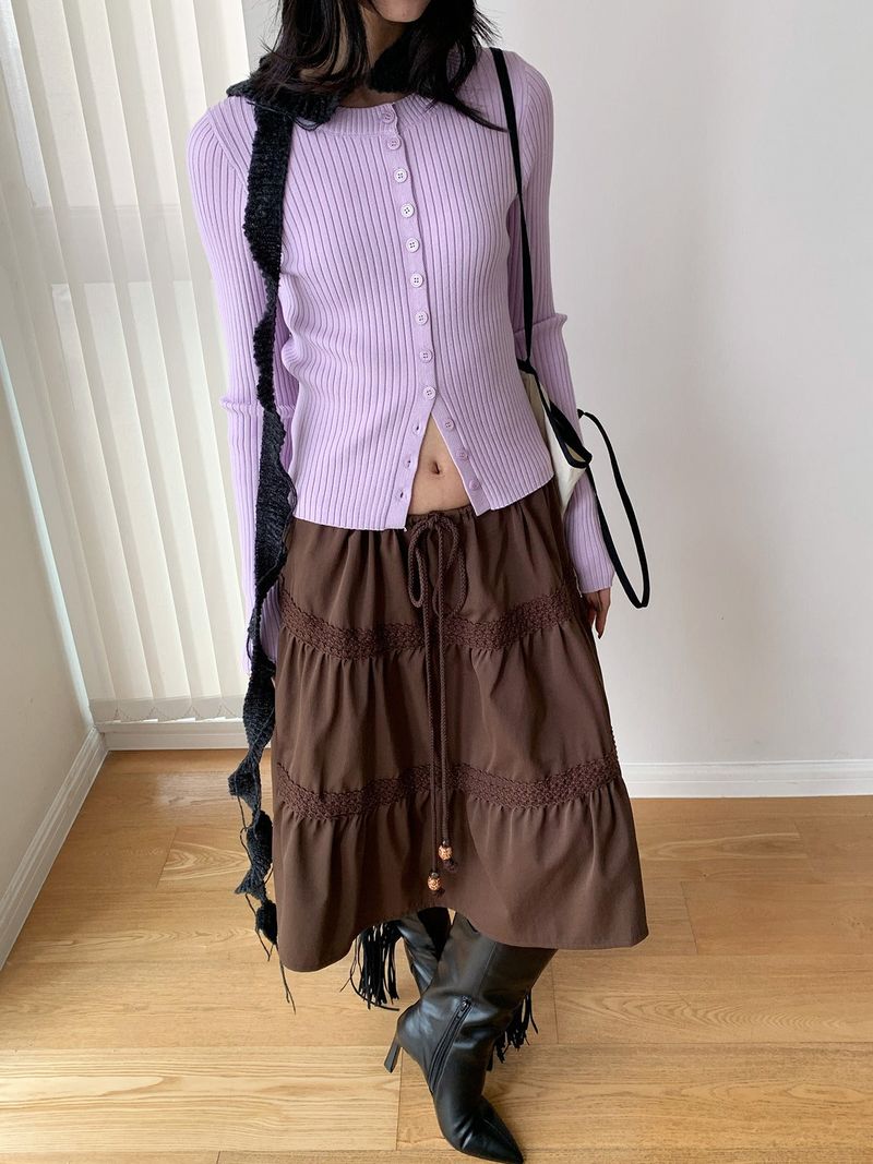 Color Round Neck Ribbed Button Cardigan