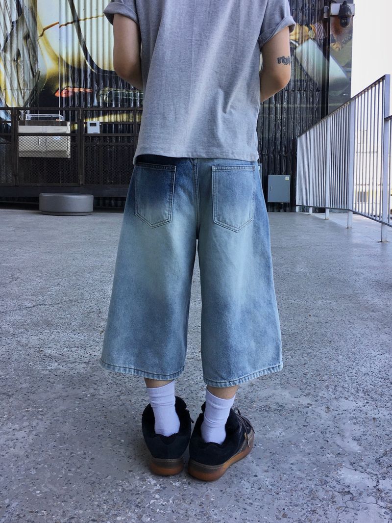 Rope Light Washing Bermuda Denim Pants