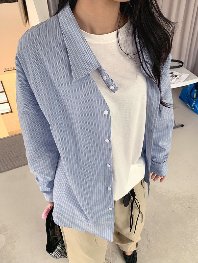 HOMME NECK POINT STRIPE SHIRT