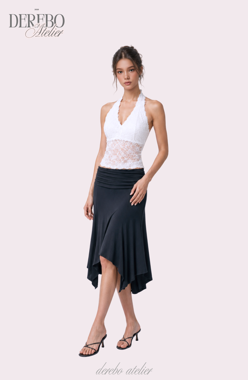 mood fit unbalanced midi long skirt