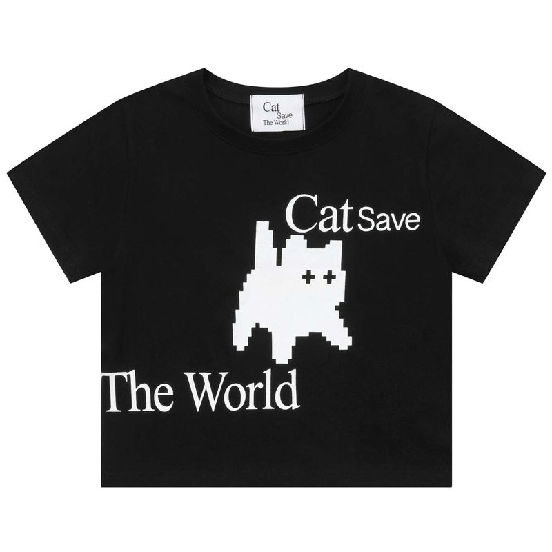Cat Save The World Pixel art crop T (2Color)