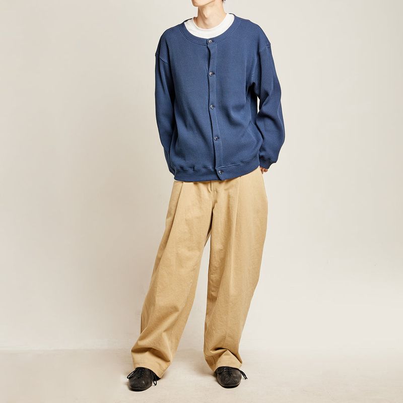 DAMP ROUND-NECK WAFFLE CARDIGAN_NAVY