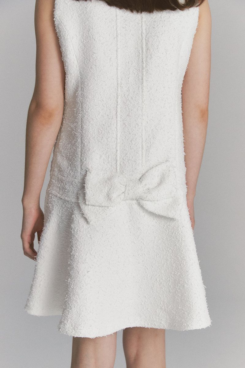 Back Ribbon Tweed Dress White