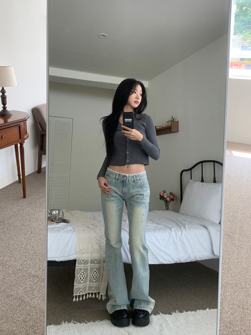 Touch Lace Trim Light Blue Bootcut Denim Pants