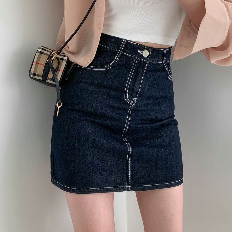 Contrast Stitch Dark Blue Denim Mini Skirt