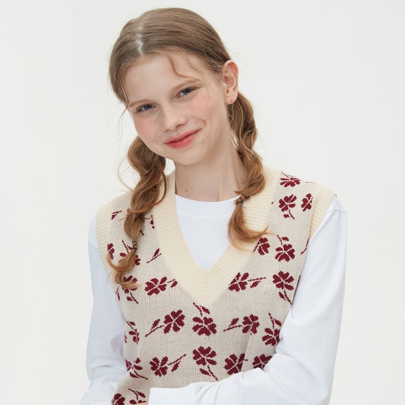 FLOWER JAQUARD KNIT VEST_BEIGE