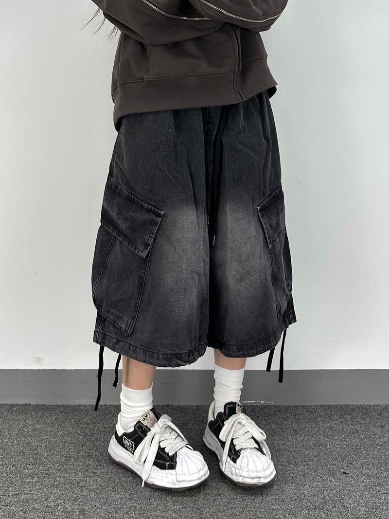 oblique cargo denim bermuda pants