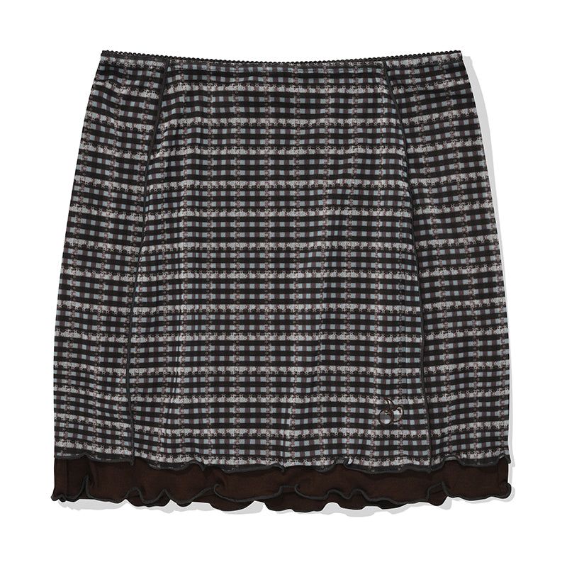 CHERRY PATTERN MESH MINI SKIRT [BROWN]
