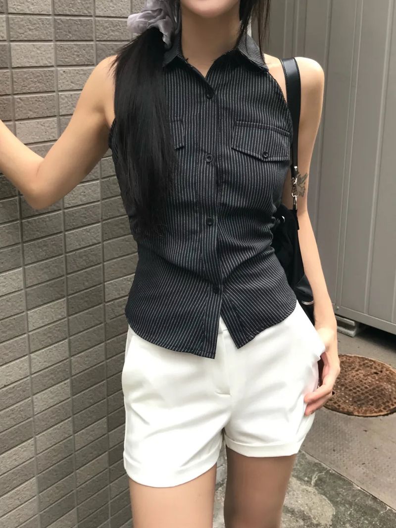 Niel Stripe Backless Halter Collar Shirt