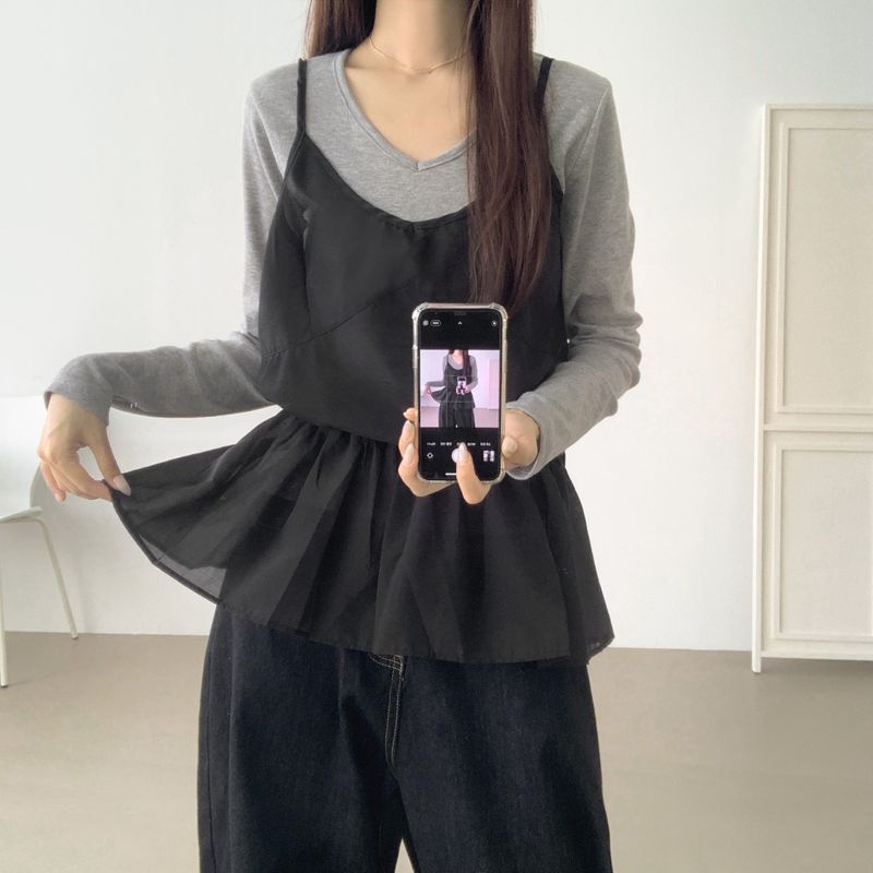 レイヤードフリルシースルーリボンAラインストラップノースリーブ