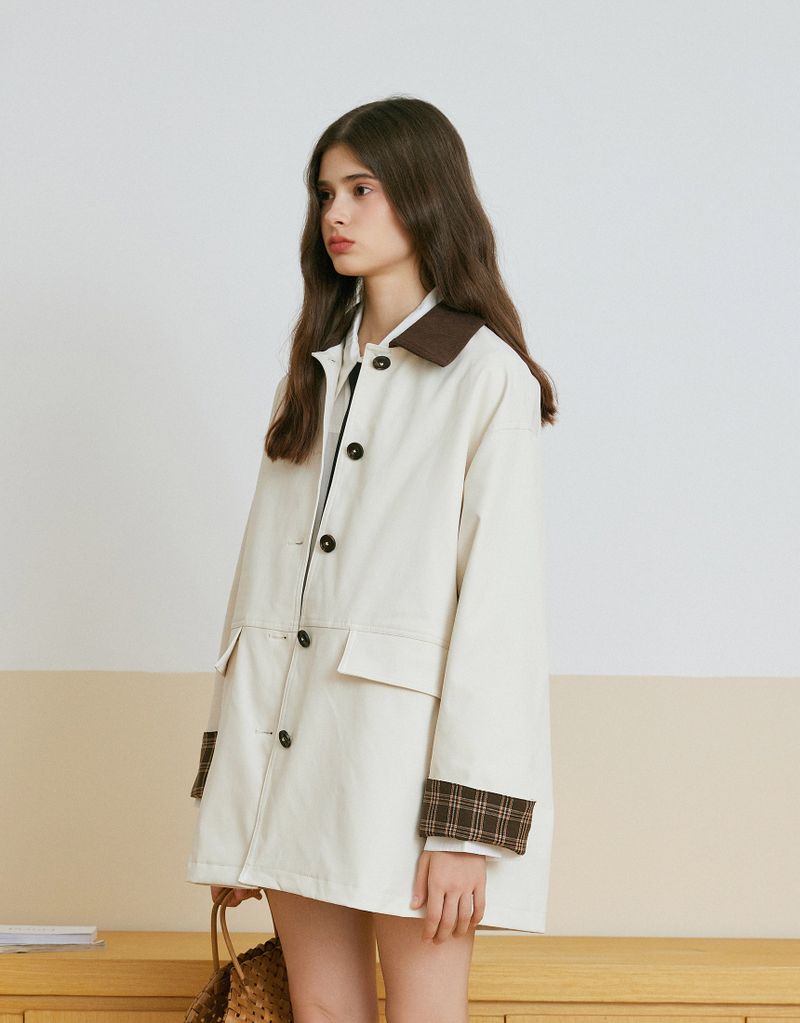 Preppy Checkered Sleeve Midi Trench Coat Ivory