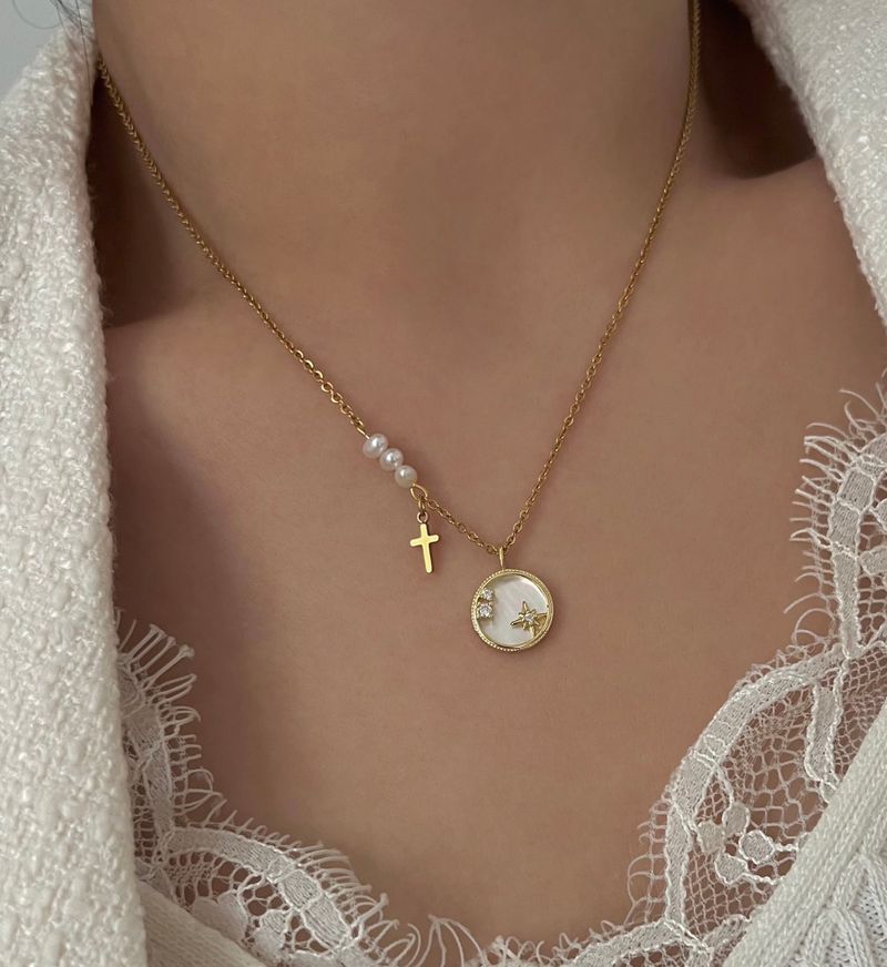 stv Moon Star Freshwater Pearl Stainless Steel Coin Layered Long Short Necklace