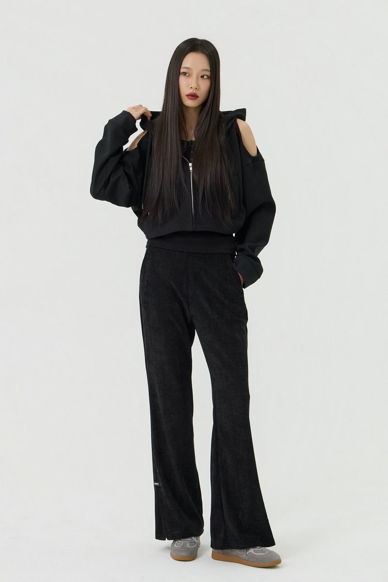 Shoulder Cutout Crop Hooded Zip-Up, Black